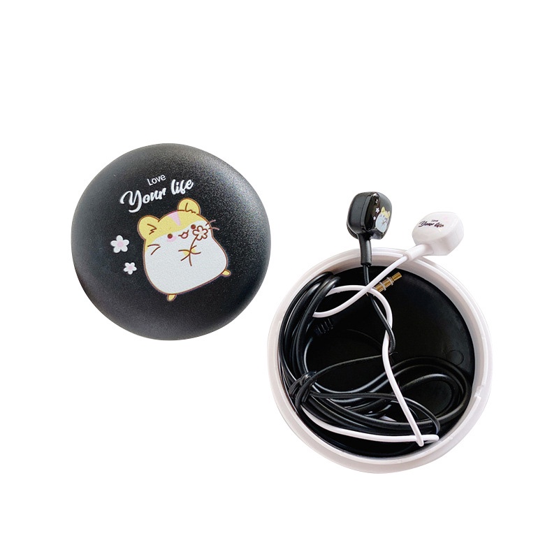 Headset Earphone Kabel Jack 3.5mm Dengan Mic + Kotak Penyimpanan Motif Kartun Untuk Wanita