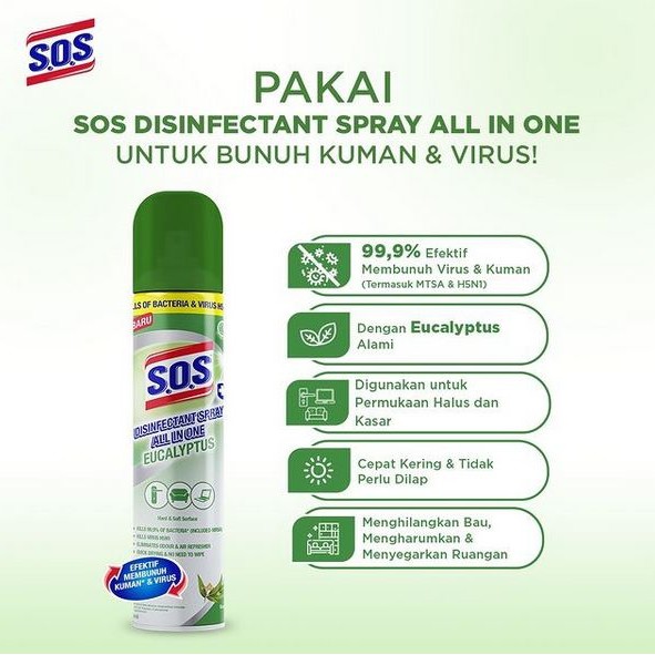 ORIGINAL SOS Disinfectant Spray 250ml Eucalyptus / SOS Desinfektan Spray All in One / HELLOMARTID