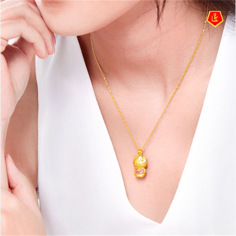 Kalung Rantai Dengan Liontin Kucing Komik 3d Warna Emas Untuk Wanita