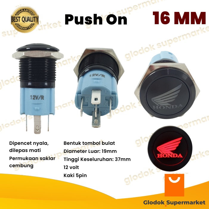 Switch Metal 16mm Push On 5 Pin Logo Honda Saklar Klakson Stainless 16 mm Lampu LED Tombol Motor Momentary 12v