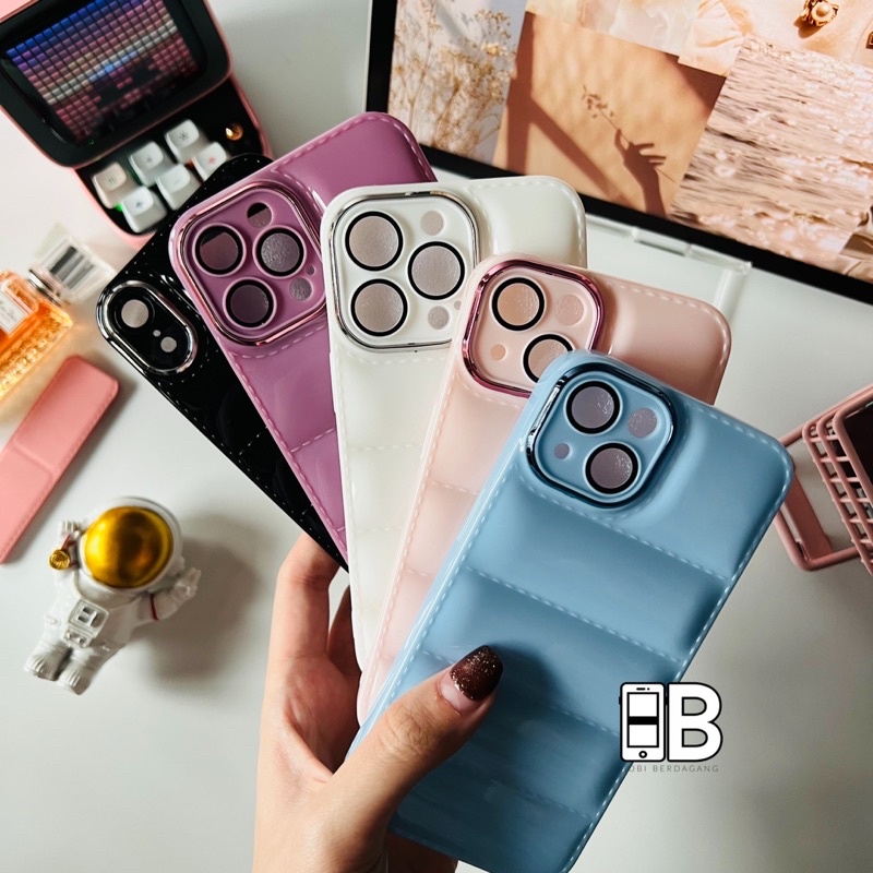 Glossy PUFF Case dengan Pelindung Lensa Kamera Lens Cover Casing iPhone X XR XS 11 12 13 PRO MAX