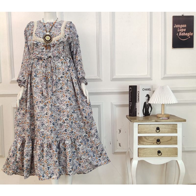 Gamis Syakilah Rempel Dada Renda Bunga