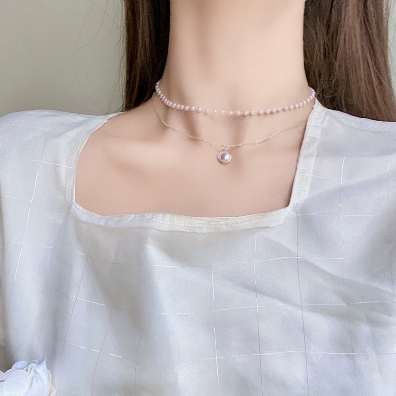 Kalung Rantai Mutiara Double Layer Warna Emas silver Gaya Korea Untuk Wanita