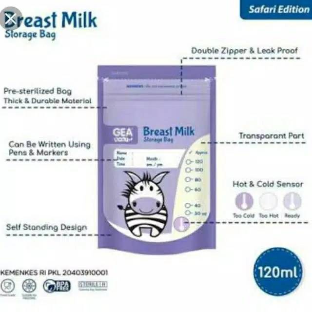 L6 Kantong ASI 120ml GEA | Wadah Pouch Plastik Klip Susu Steril | Breast Milk Storage Zipper Bag