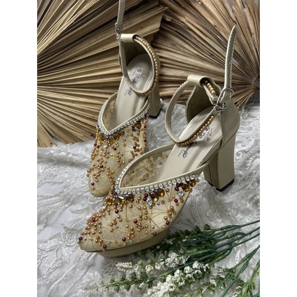 sepatu wanita wedding pesta naima gold tali 9cm tahu