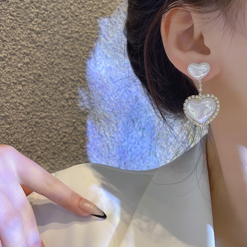 Anting Tusuk Bentuk Hati Aksen Mutiara Bahan 925 silver