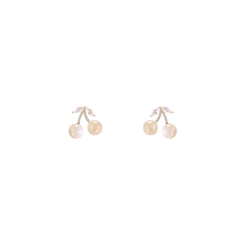 Anting Stud Hias Manik-Manik Kristal Bentuk Cherry Opal Zircon Gaya Korea Untuk Wanita