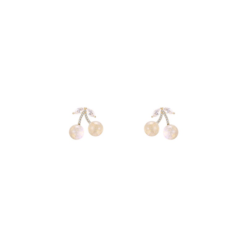 Anting Stud Hias Manik-Manik Kristal Bentuk Cherry Opal Zircon Gaya Korea Untuk Wanita