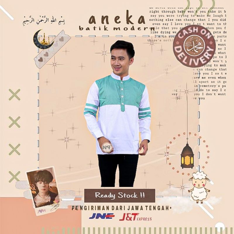 BAJU KOKO MUSLIM MOTIF GARIS LENGAN PANJANG WARNA HIJAU MUDA KOMBINASI PUTIH TOSCA LEBARAN MUSLIM