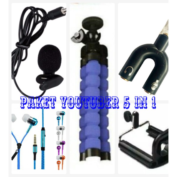 Paket Youtuber / SMULE  5in1, Mini Tripod + U Holder + Clip On Mic + U Splitter + Headset