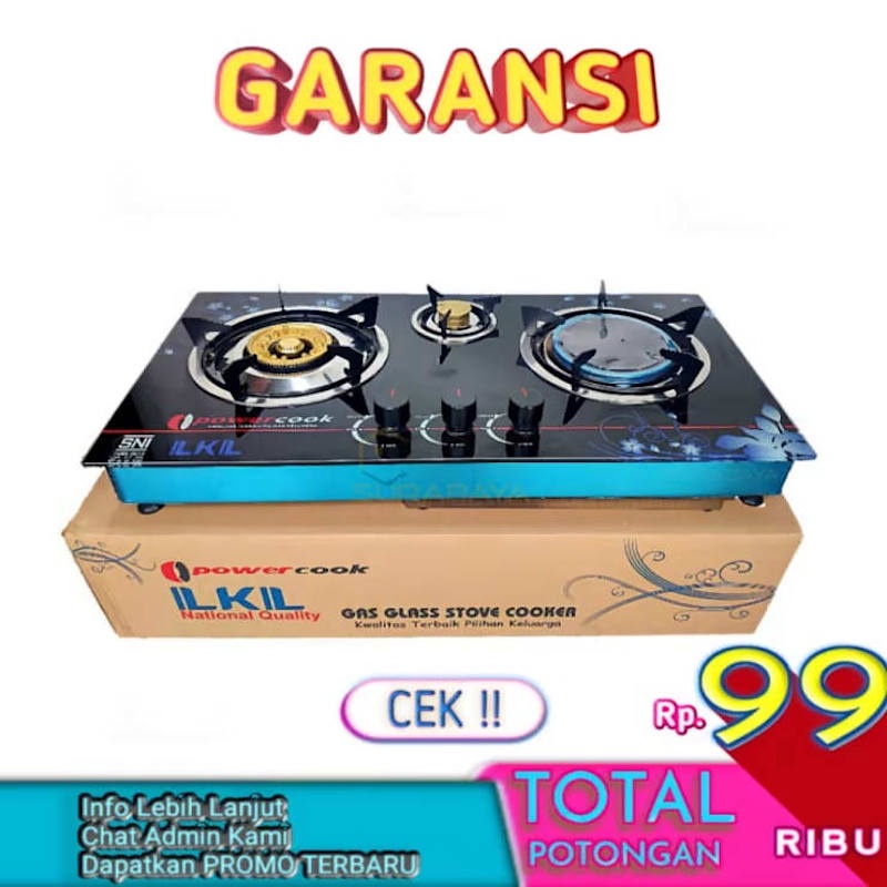 Kompor Gas Tanam Kaca 3 Tungku LKL Bara Infared Dan Gas Api Biru Tornado