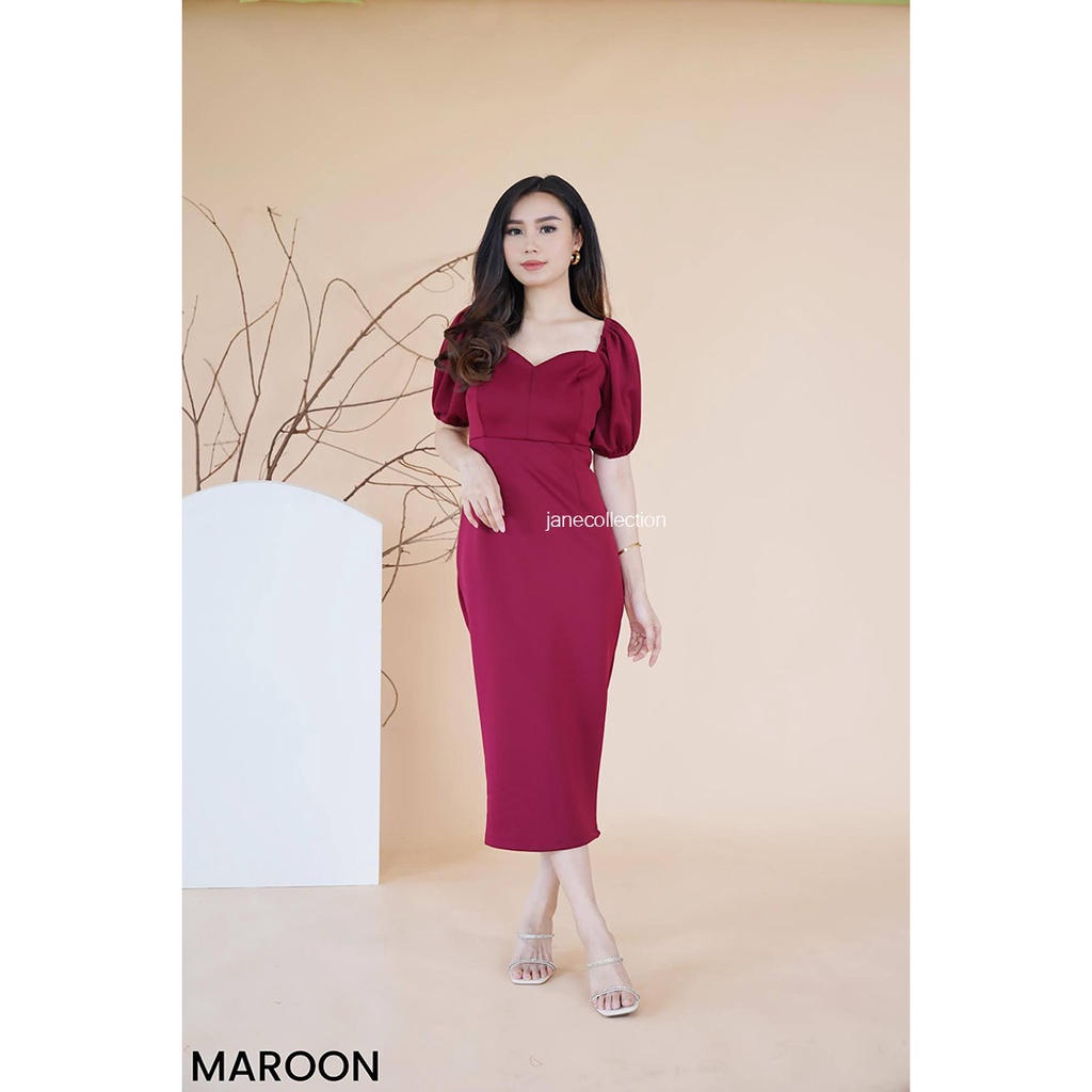 JANE COLLECTION || Maxi Bodycon Dress Pesta Lengan Balon Sweetheart Neck Sabrina Body Con Party Prime Scuba Hitam Maroon Putih Hijau Emerald Dress Bettsy