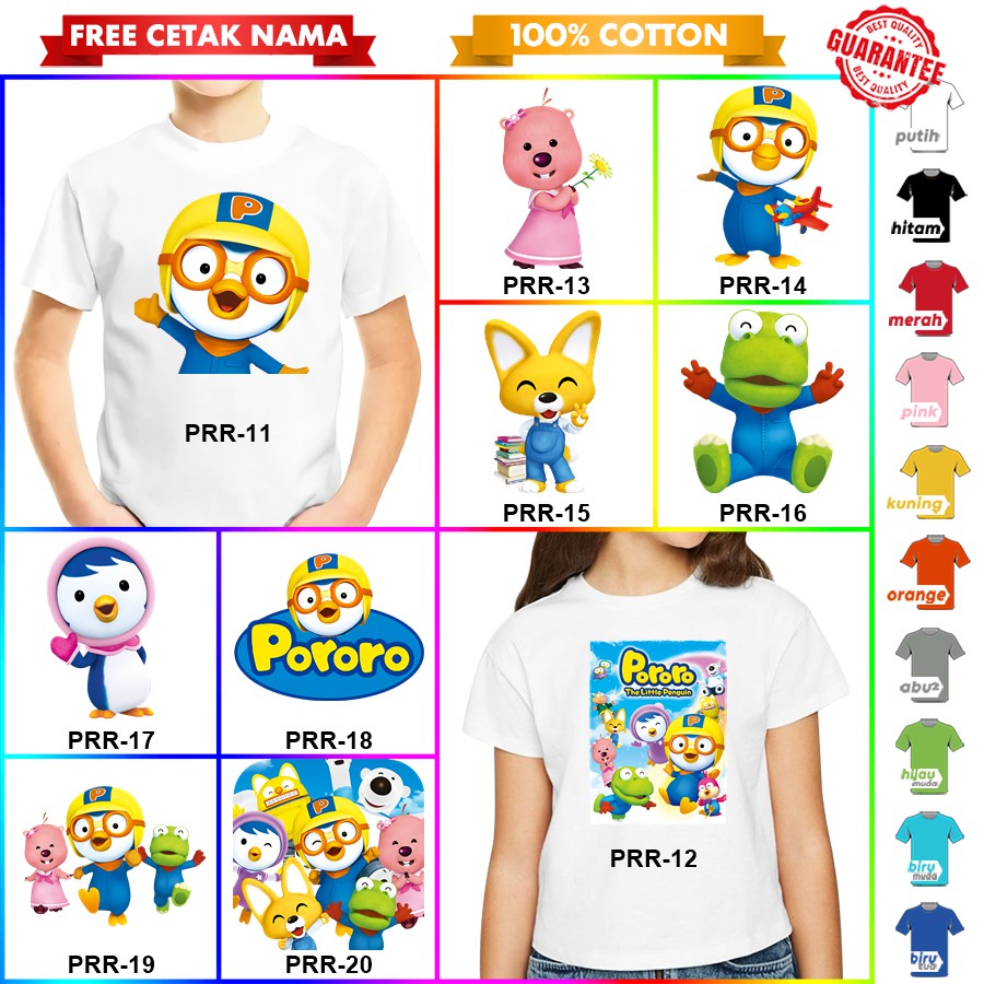 [FREE NAMA!!] Baju Kaos ANAK DAN DEWASA PORORO BANYAK MOTIF