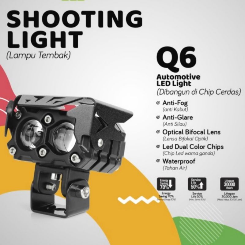 Lampu sorot Luminos Q6 Shooting Light Original Double Lensa Putih Kuning Mobil Motor 12Volt