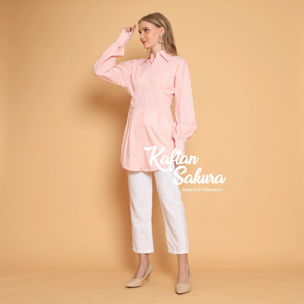 Blouse kemeja Shirt premium salur atasan top wanita Ukuran S M L kemeja kerja bahan katun