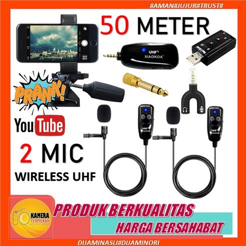 Microphone Mic Clip On Wireless Dual UHF 40 - 45 Meter Smartphone HP