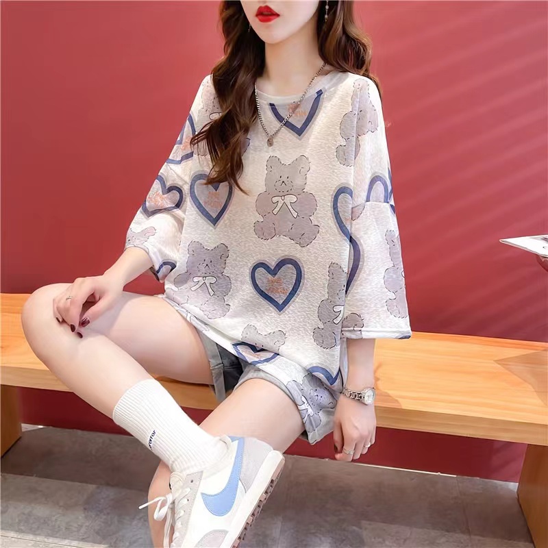 T-Shirt Over Size Wanita Korea Style 2022 Motif Bear Love