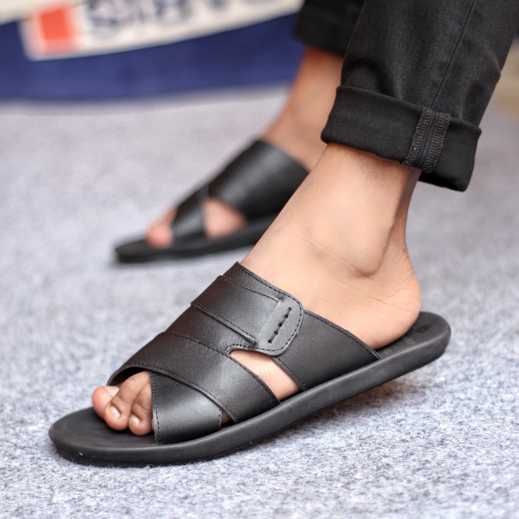 Sandal Kulit Sapi Asli Slide Pria Casual Gaya Kekinian Terbaru Murah Semi Formal Pesta Kondangan Original Cevany Exo