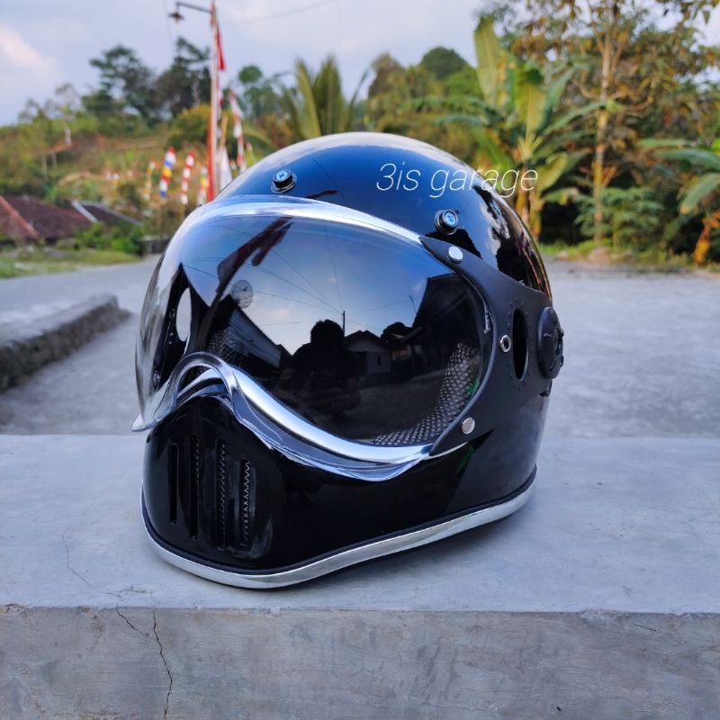 HELM CUSTOM CAKIL PILOT VISOR KLASIK RETRO LIST CHROME