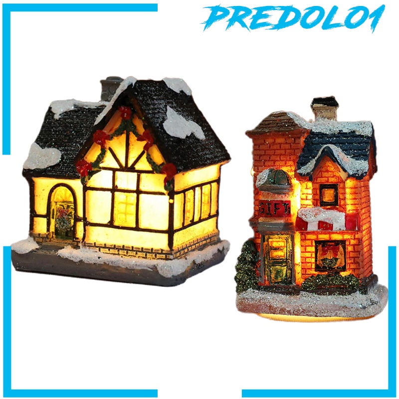 [PREDOLO1] 2x Mini Christmas Snow House LED Village Dollhouse Set Table Garden Decor