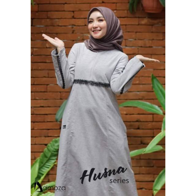 DAMOZA HUSNA Grey ll COD Terbaru pakaian gamis wanita 2022 polos katun busui ll Terlaris Original Be