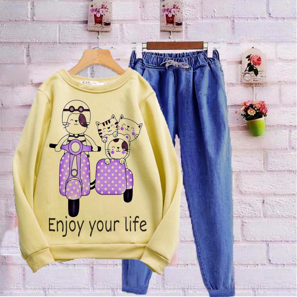 VS GG  - Baju SETELAN atasan SWEATER wanita ENJOY YOUR LIFE