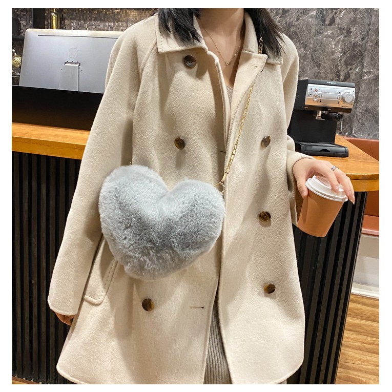 [littlecrab] Tas Selempang Love Bulu Halus Tali Rantai Tas Unik Soft Fur Love Sling Bag Berkualitas Tas Lembut Kecil Korean Style