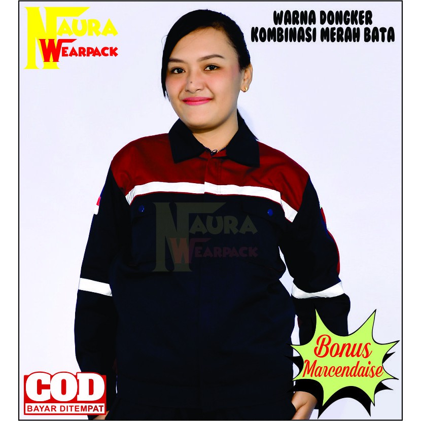 WEARPACK SAFETY/WEARPACK ATASAN LENGAN PANJANG WARNA DONGKER KOMBINASI MERAH BATA