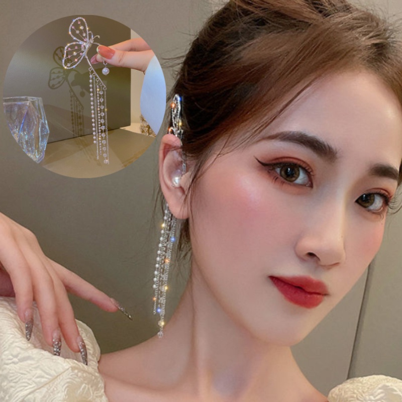 1pc Anting Klip On Model Butterfly Aksen Mutiara Kristal Untuk Wanita