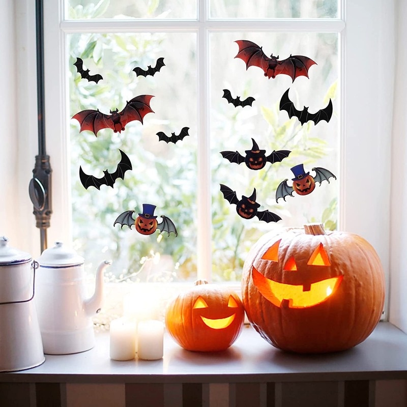 12pcs / Set Stiker Dinding Decal Desain Kelelawar Labu 3D Model Anti-Air Untuk Halloween