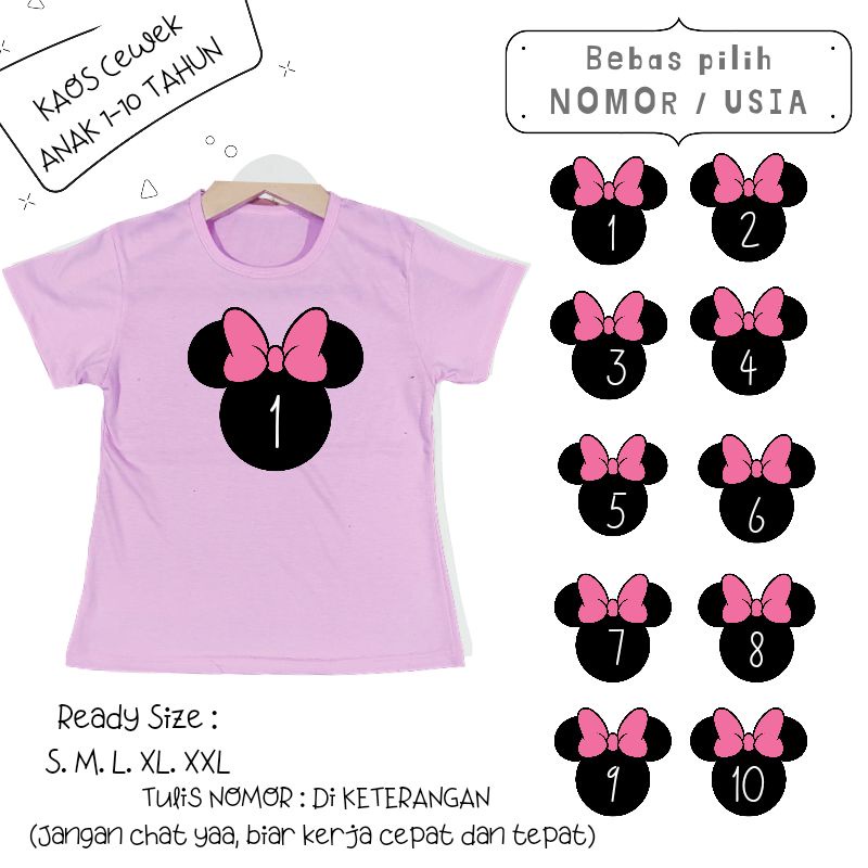 Baju Kaos Anak Cewek 3-12 tahun sampai Dewasa Jumbo MINNIE PITA