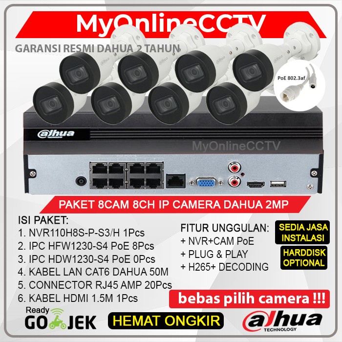 Paket CCTV 8 IP Camera 2MP Dahua Lengkap NVR 8Ch Outdoor