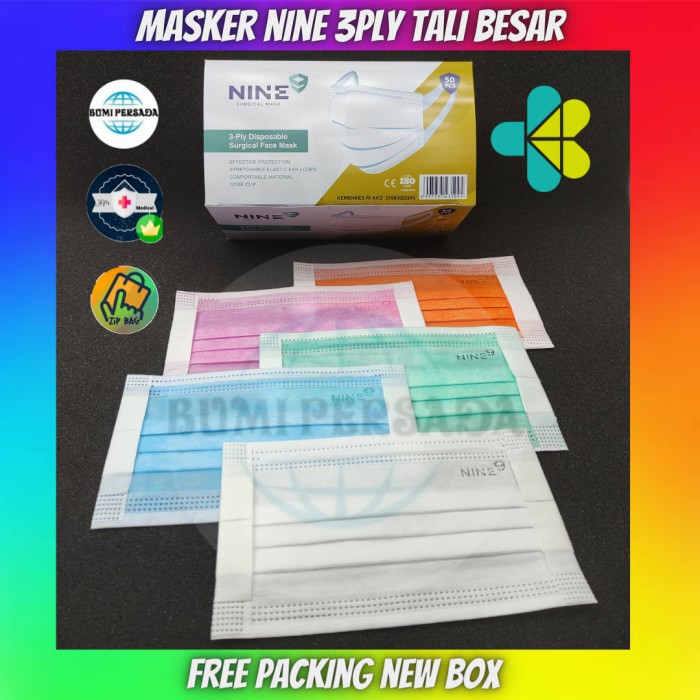 masker Masker NINE 3ply Tali Besar medis Kemenkes isi 50 44558