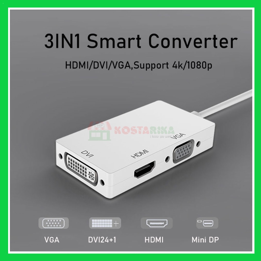 MINI DP Display port ke HDMI DVI VGA Support 4K/1080p Thunderbolt DELL 3 in 1 Smart Converter