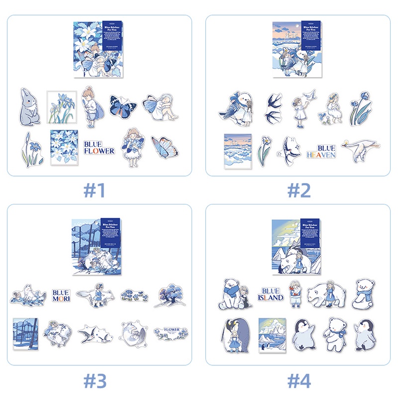 20 Sheets PET Sticker Pack Blue Series Cartoon Handbook Stationery Deco Sticker