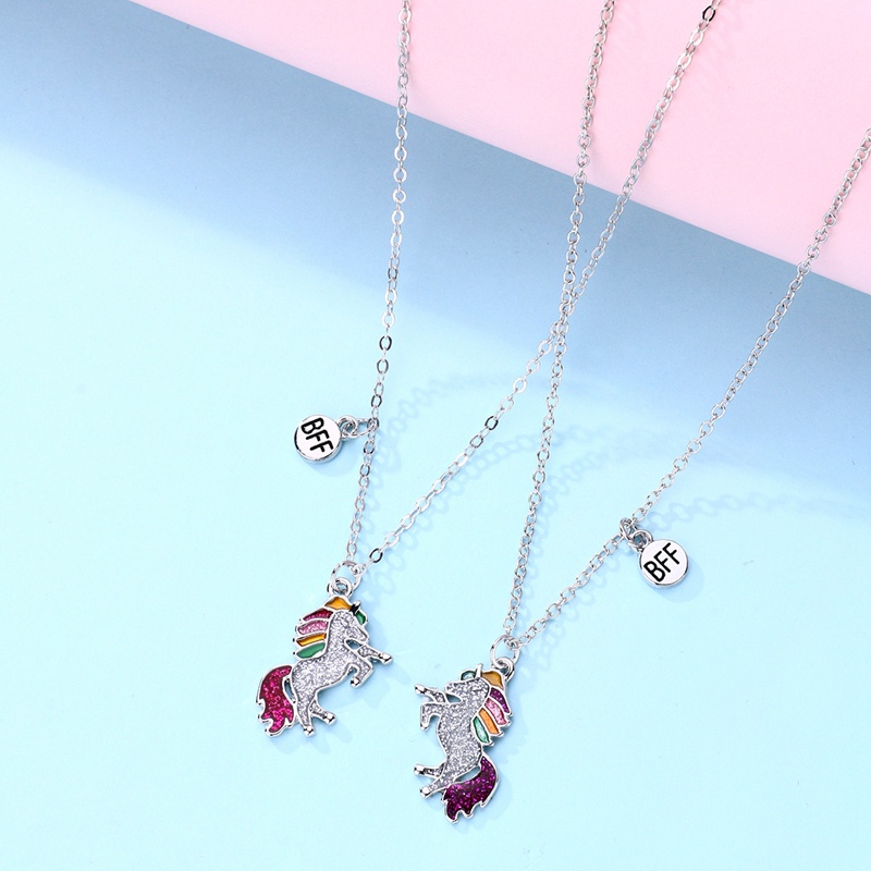 2pcs / Set Kalung Rantai Dengan Liontin Kartun Unicorn Untuk Anak Perempuan