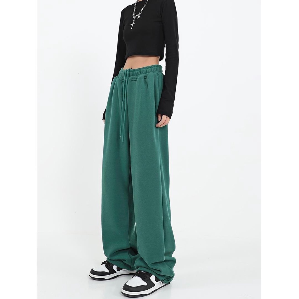 Suhao American Green Sweatpants Celana Wanita Kaki Lebar Celana Santai High Street