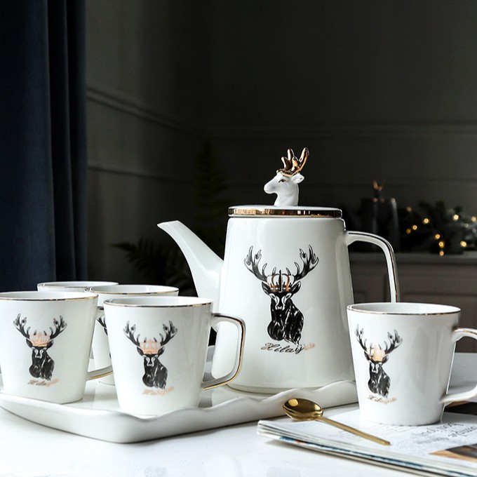 Teko Cangkir Minum Set 8 Pcs Keramik Deer Head Crown Ceramic Tea Pot Cup Set / Peralatan Minum Pitch