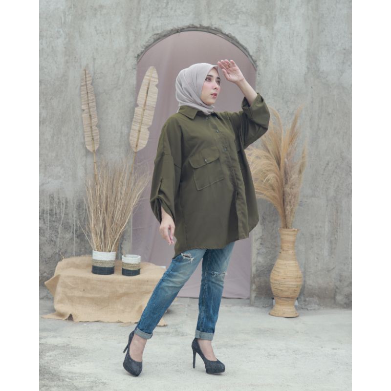 KEMEJA WANITA OVERSIZE POLOS K-2-Army
