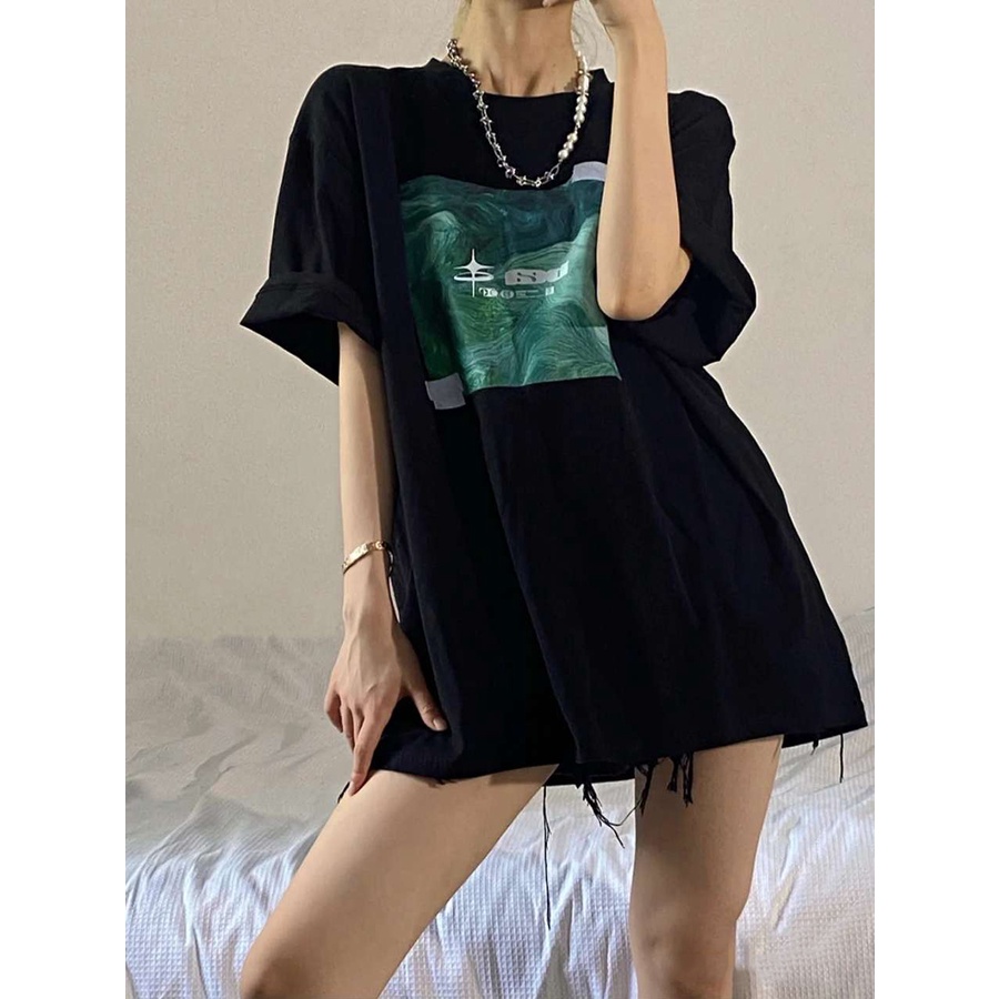 American Vintage Print T-shirt Oversize Atasan Kaos Lengan Pendek Wanita