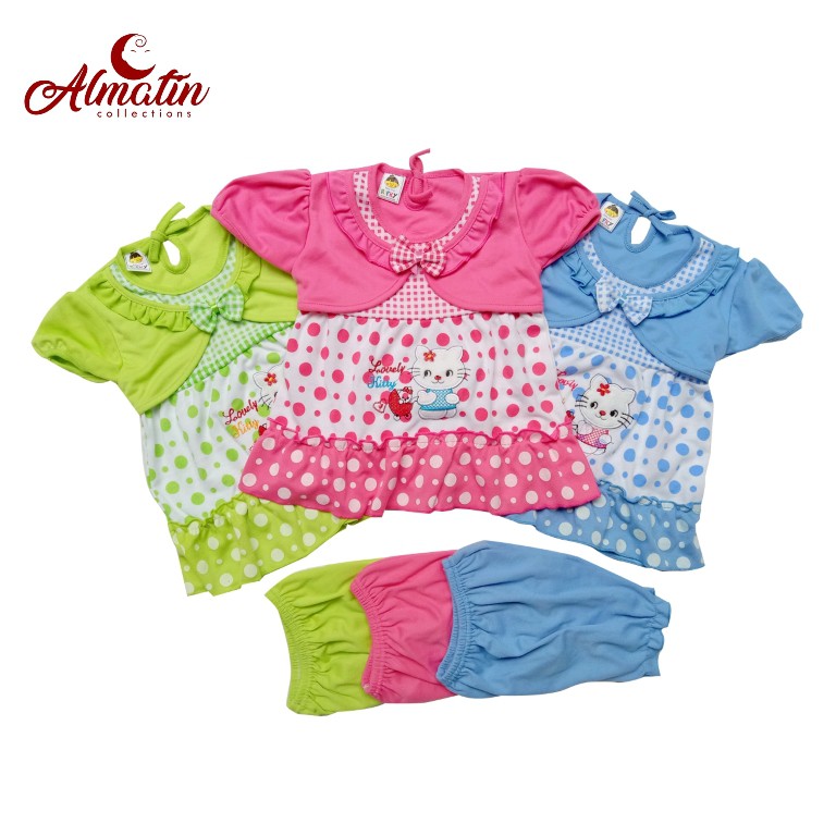 3 Stel Dress Rompi Bayi Motif Kitty / Baju Anak Bayi Dress lucu 3-12 Bulan ( 3 Pasang )