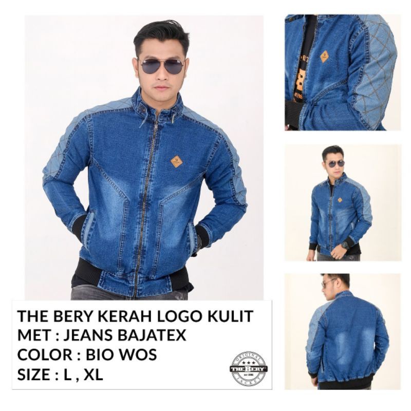 JAKET JEANS PRIA THE BERY KERAH LOGO KULIT MURAH