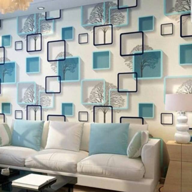 Wallpaper dinding  motif  kotak 3  dimensi  biru Shopee 