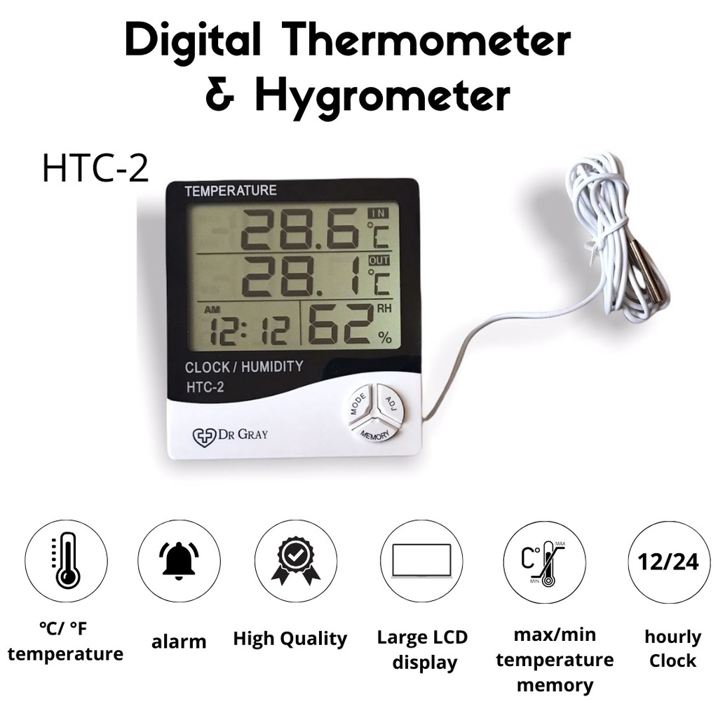 Termometer higrometer suhu ruangan -  Thermometer Higrometer temperature indoor outdoor HTC-2 DR GRAY