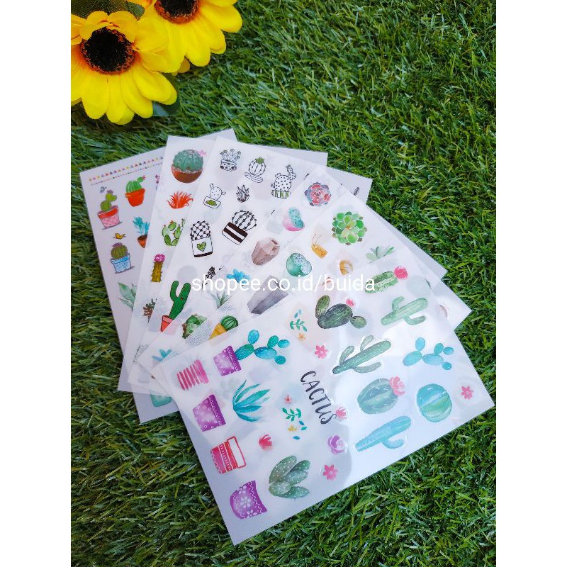 Stiker Sticker kaktus tanaman Cactus succulent Label Gambar bunga pot plant dekorasi jurnal diary