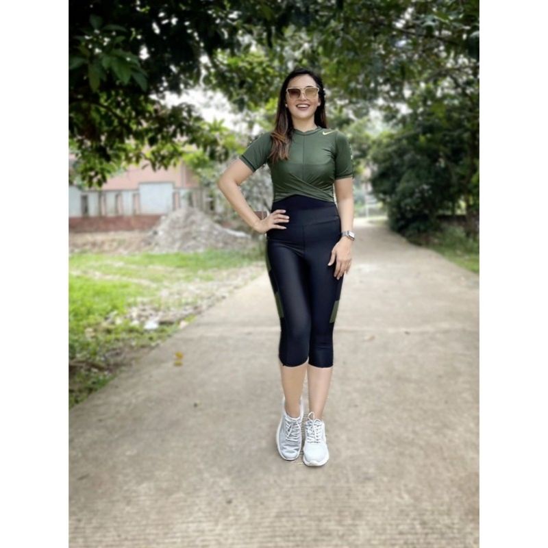Setelan Baju Senam Nke Crop Silang Kuning Legging Saku / Baju Senam Zumba