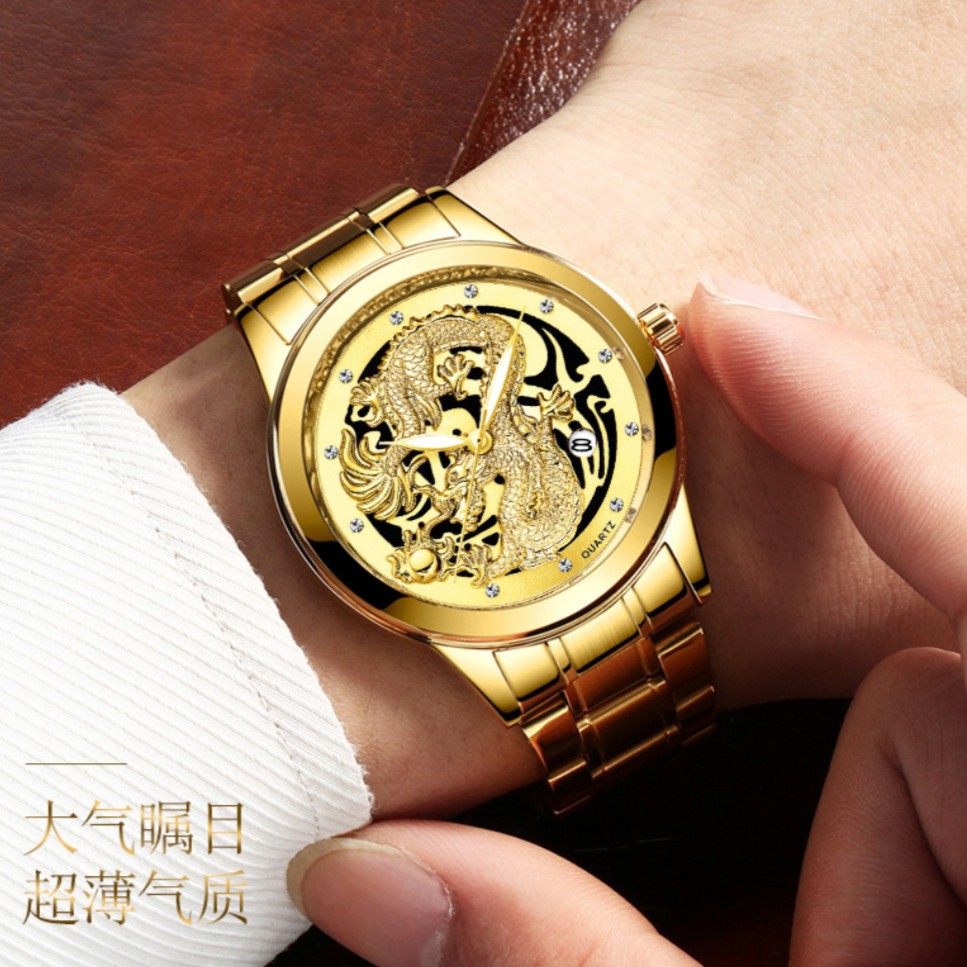 JAM TANGAN PRIA JAM006G1 MOTIF NAGA DRAGON GOLD EMAS FNGEEN ORIGINAL IMPORT MURAH RANTAI ORI BRANDED