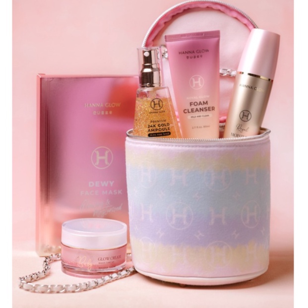 HANNA GLOW Paket Vanity ( Cleanser 80ml, Royal Moisture !00ml, 24K Gold Ampoule 100ml, Baby Glow Cream 50ml, Dewy Face Mask 1box) Hannaglow Paket Glowing Bersih Mulus