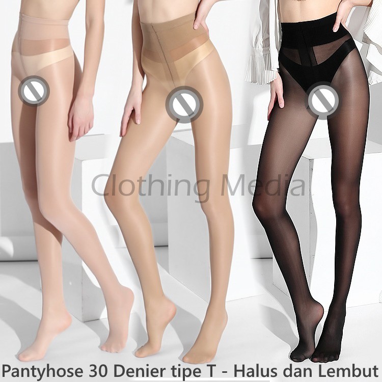 Pantyhose Lembut 30 Denier Halus Transparan T-Crotch Stocking High Waist