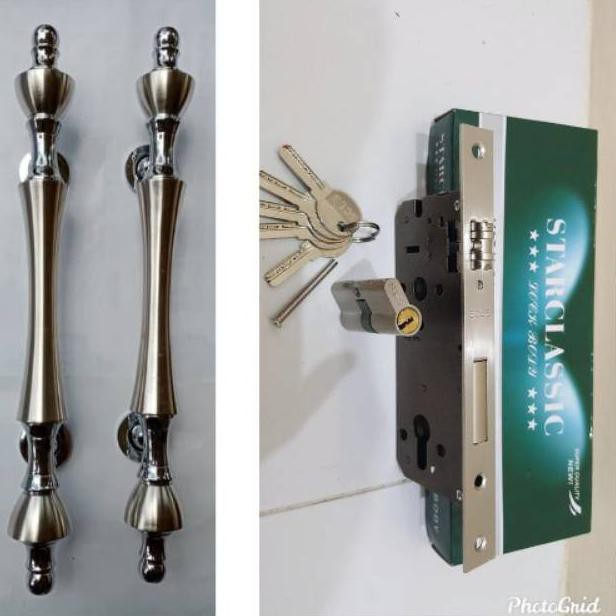 Handle pintu rumah Kuningan motif dahlia set kunci Terbaik